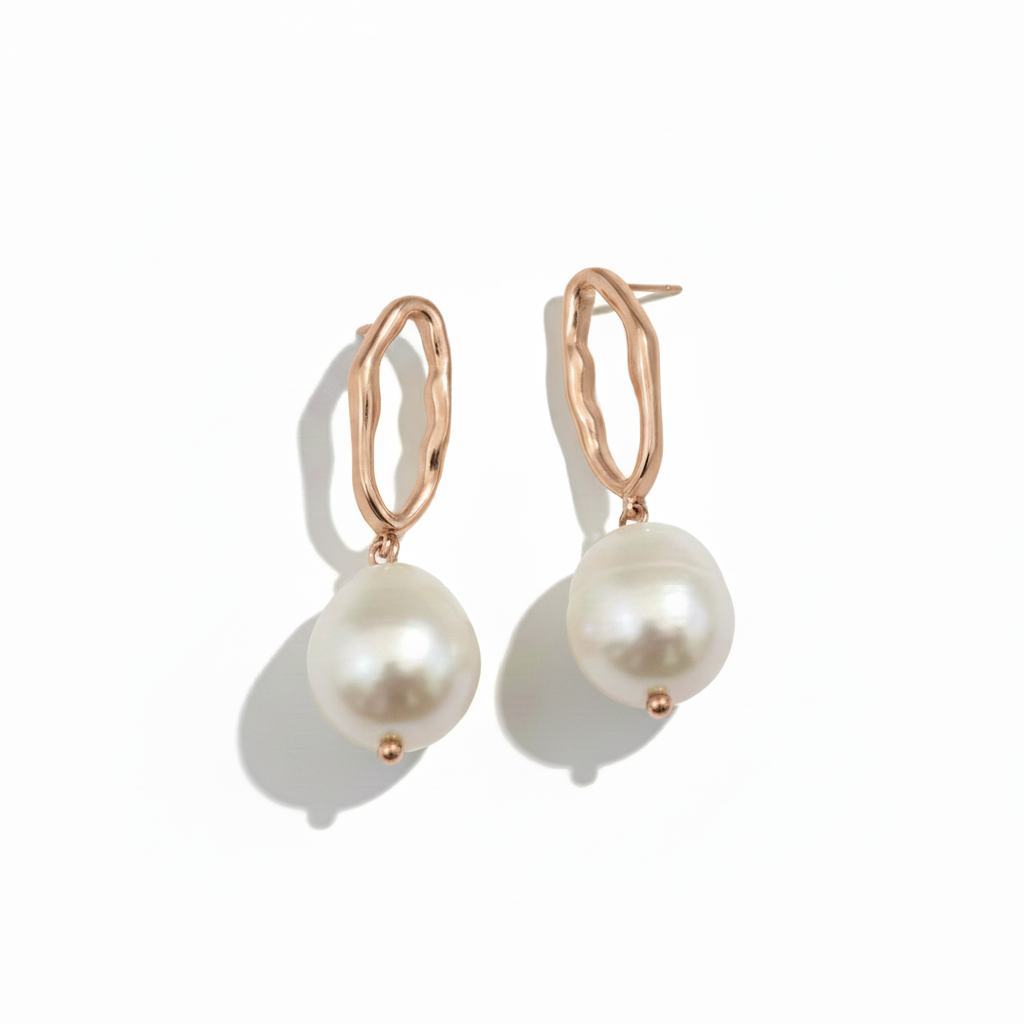 Baroque Pearl Drop Earrings - Rose Gold on White Background