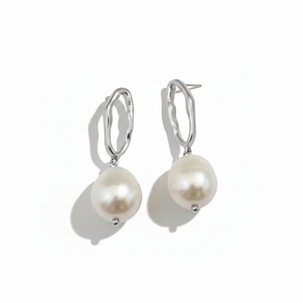 Baroque Pearl Drop Earrings - Silver on White Background