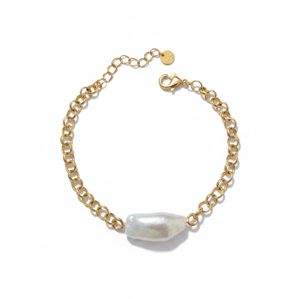 Baroque Pearl Gold Chain Bracelet – White Background Editorial