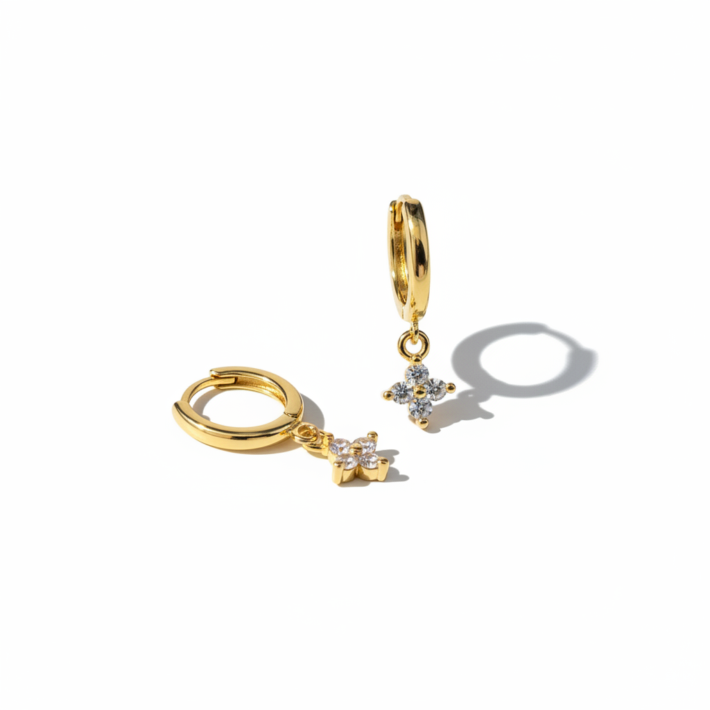 Editorial Gold Crystal Flower Huggie Earrings — Asymmetric Position