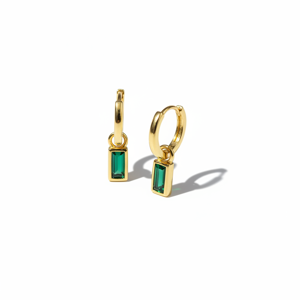 Emerald Baguette Hoop Earrings on White
