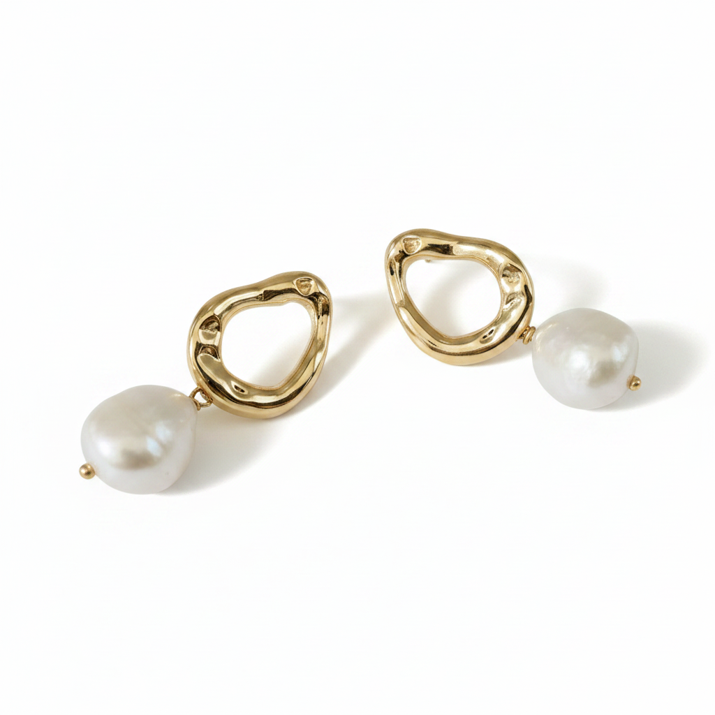 Gold Baroque Pearl Earrings on White Background