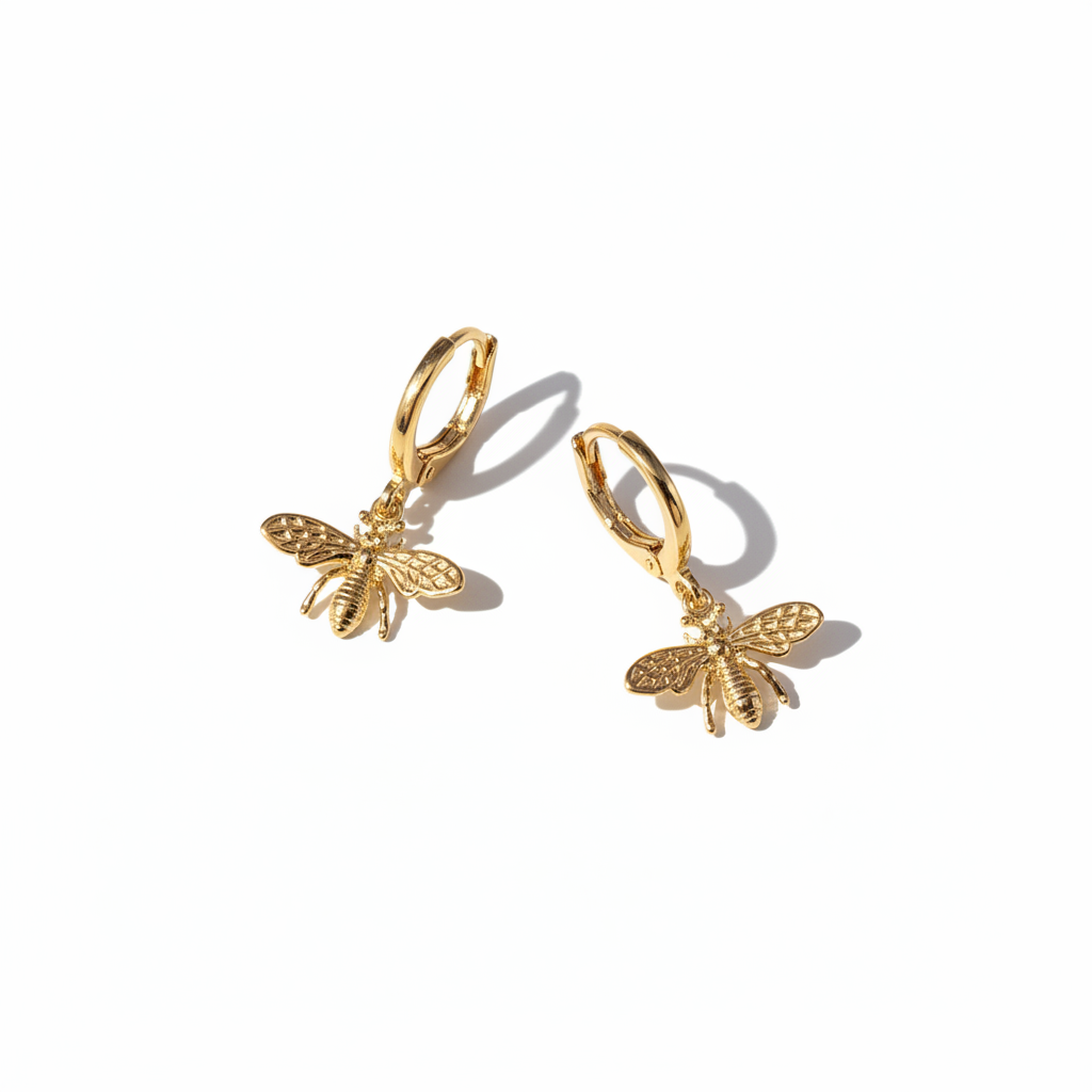 Gold Bee Earrings on White