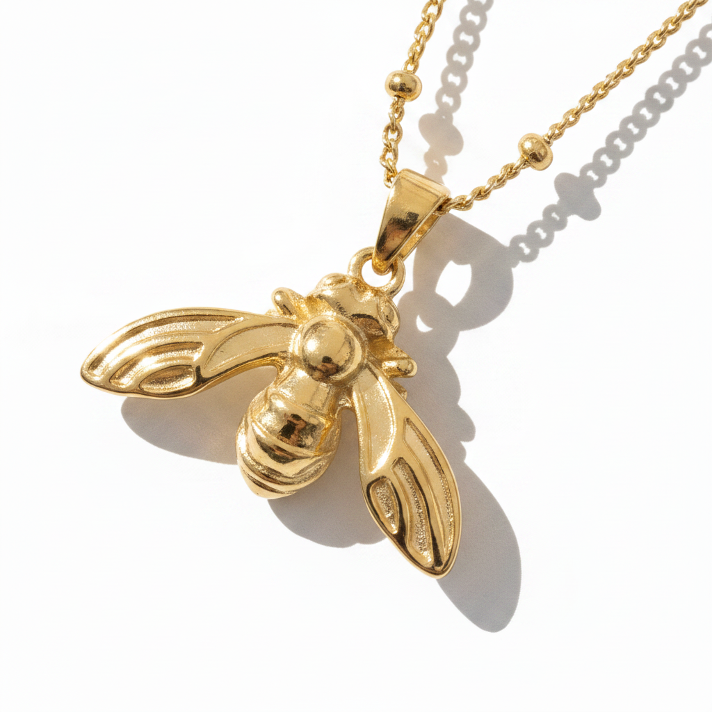 Gold Bee Pendant — Macro Close-Up Editorial