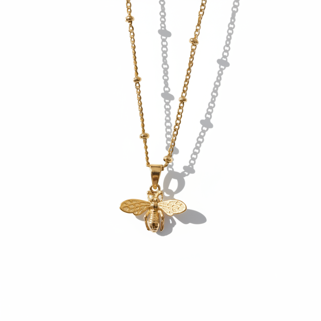 Gold Bee Pendant - Solid Gold Wings on White Background