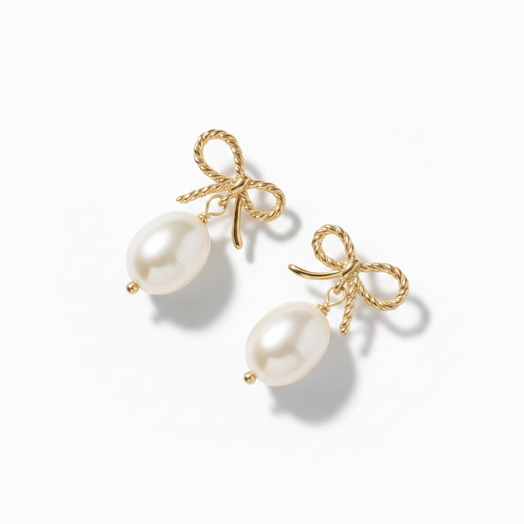 Gold Bow & Pearl Drop Earrings — Diagonal Layout