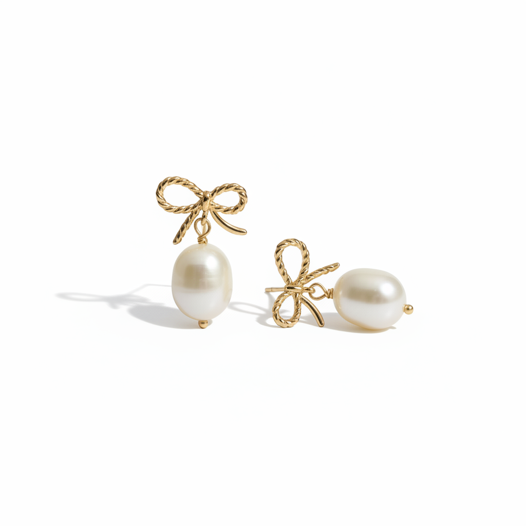 Gold Bow Pearl Drop Earrings – Zoomed In Editorial