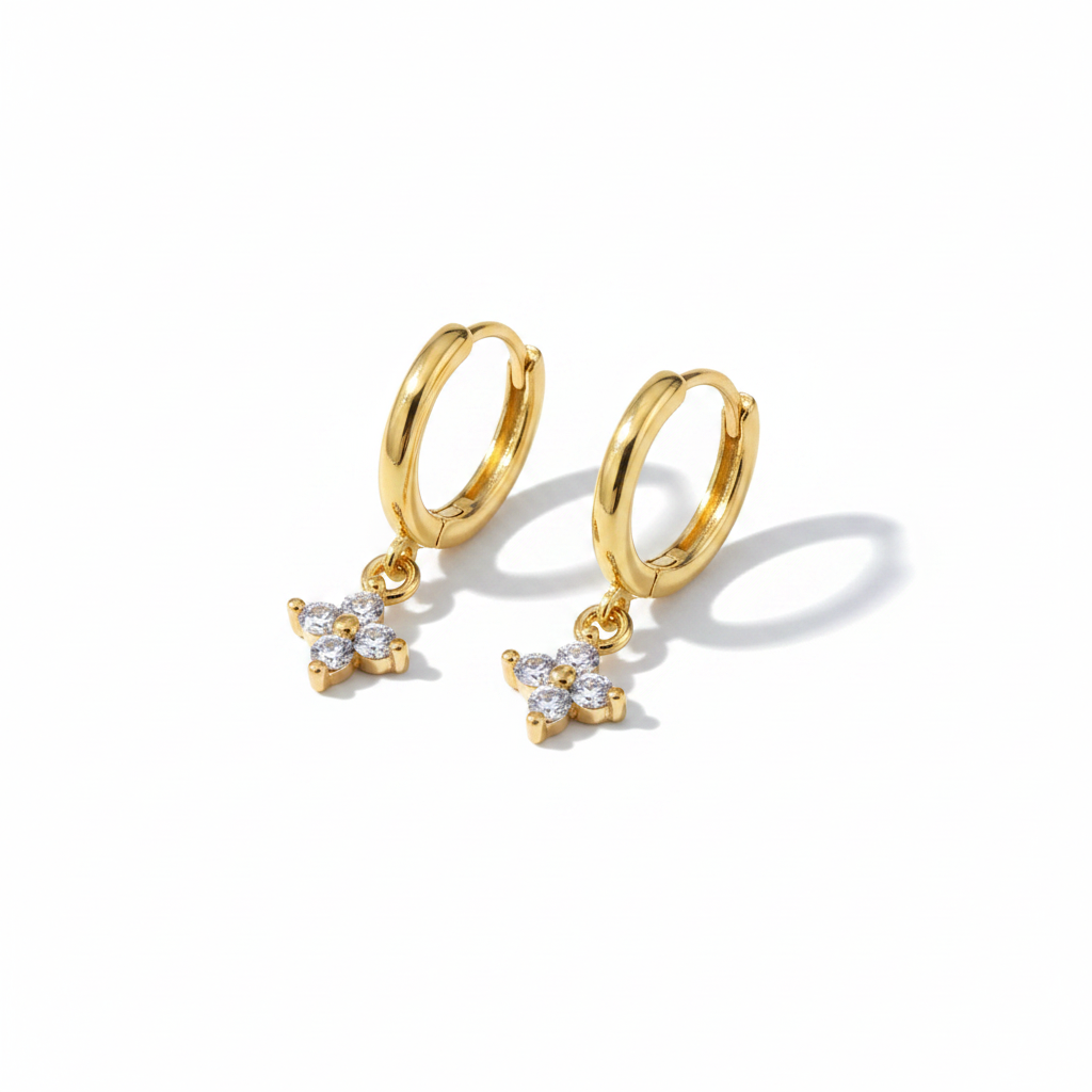 Gold Crystal Flower Huggie Earrings on White