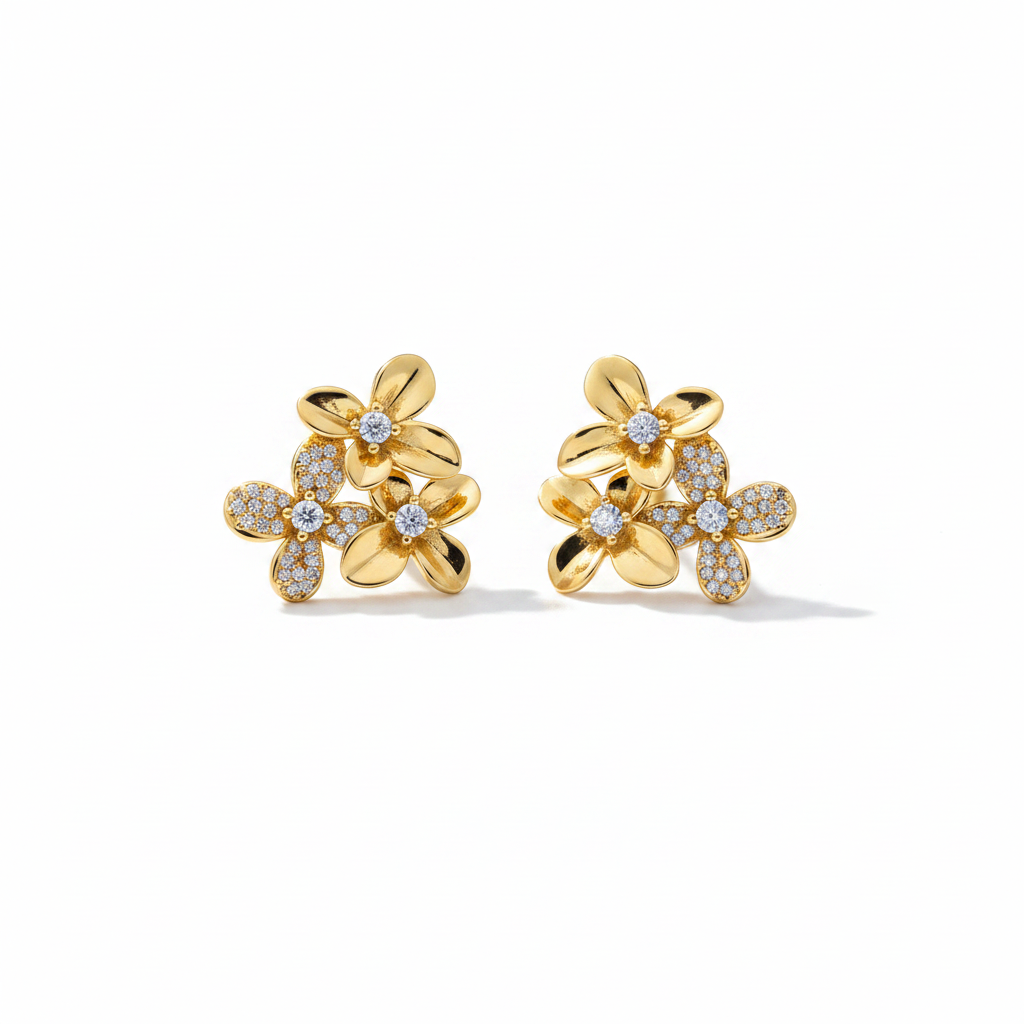 Gold Flower Cluster Earrings – Three-Quarter Angle
