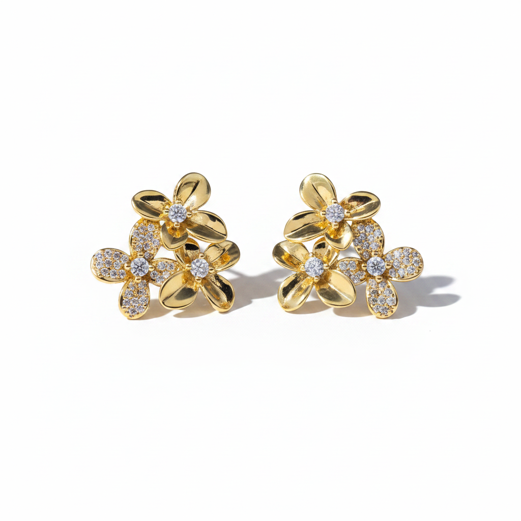 Gold Flower Cluster Earrings – White Background Editorial