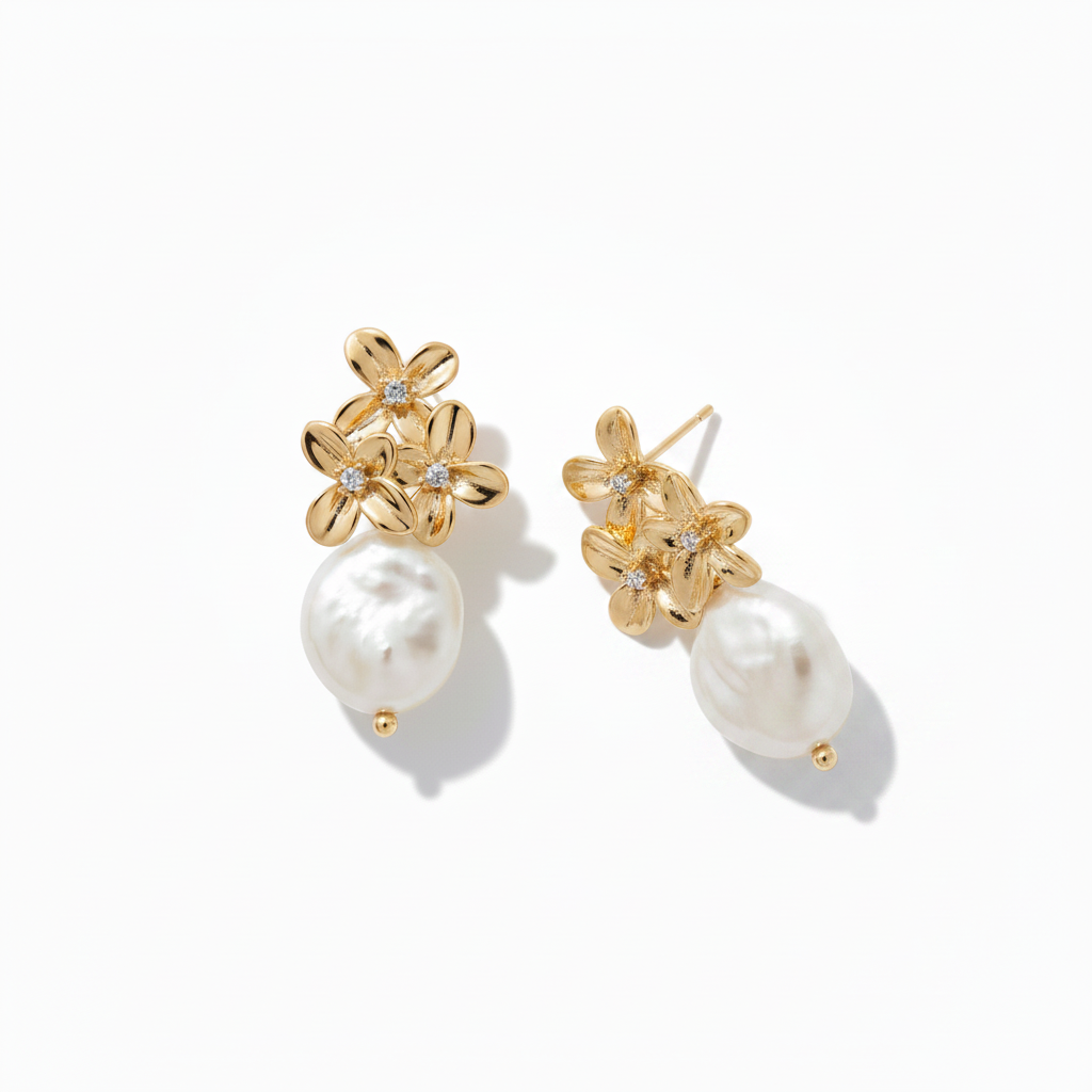 Gold Flower Pearl Drop Earrings — One Lying Flat