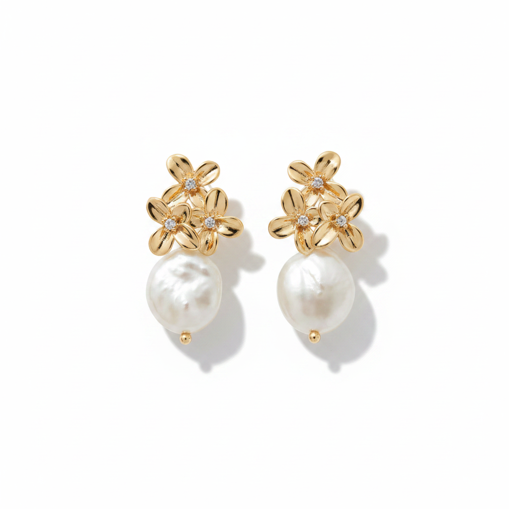 Gold Flower Pearl Drop Earrings