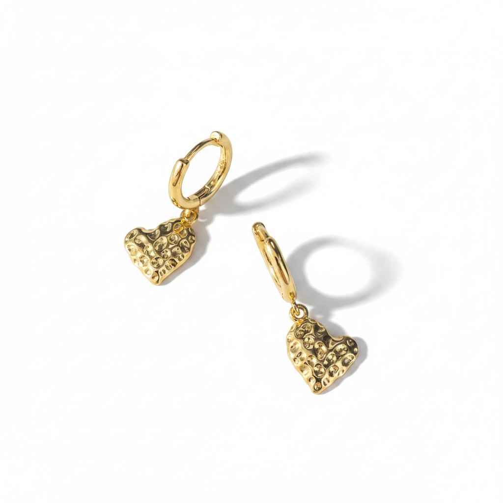 Gold Hammered Heart Earrings on White