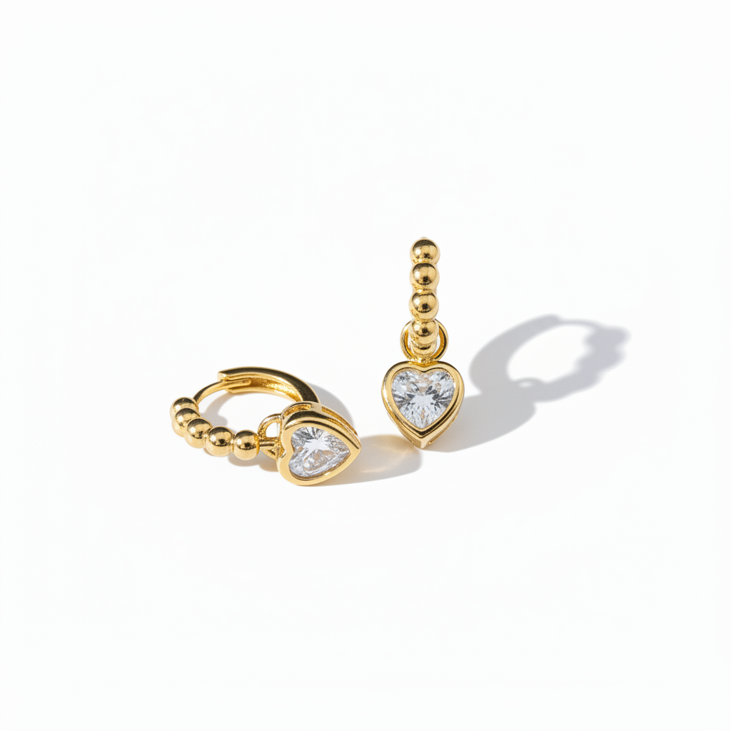 Gold Heart Crystal Hoop Earrings – Upright & Flat Variation 2