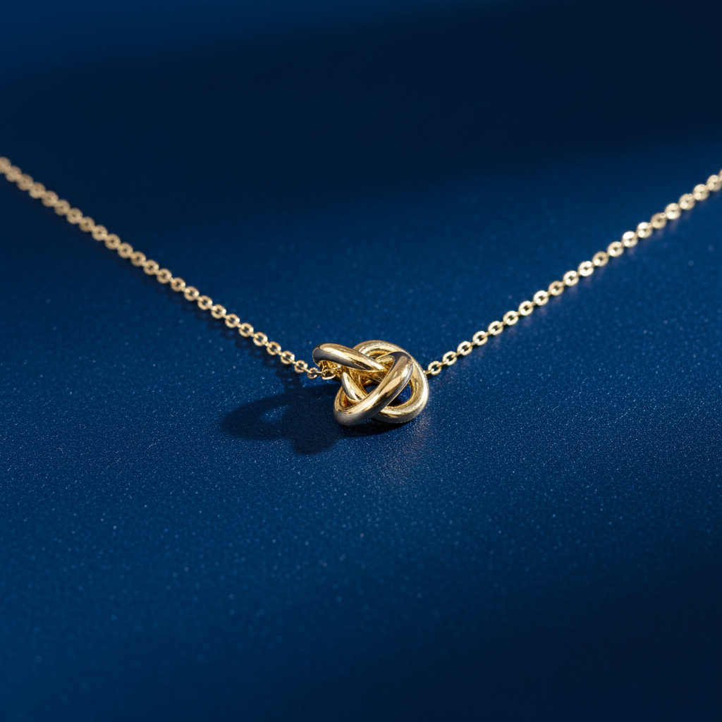 Gold Knot Necklace on Blue Background