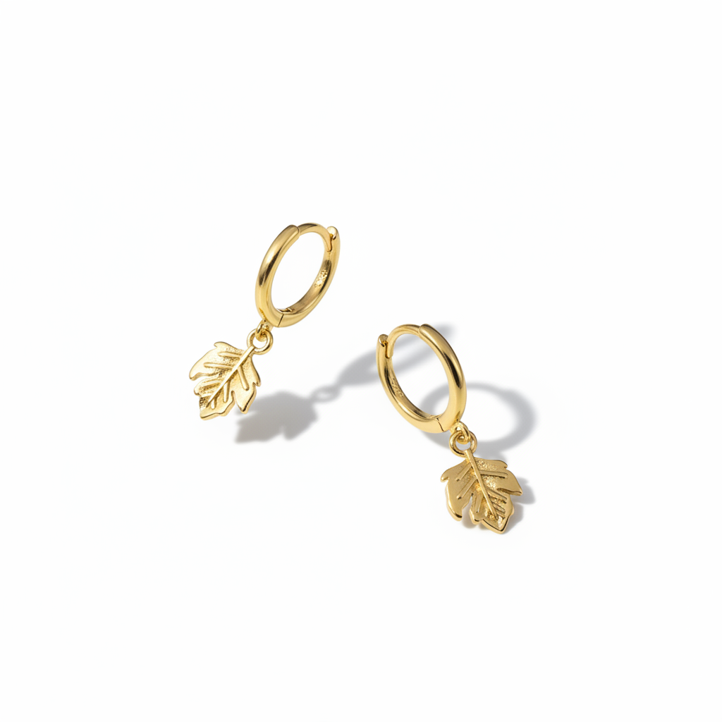Gold Leaf Hoop Earrings on White