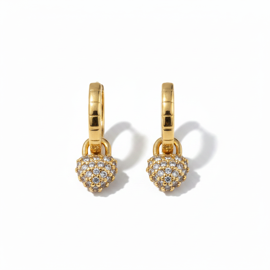 Gold Pavé Heart Hoop Earrings — Straight On