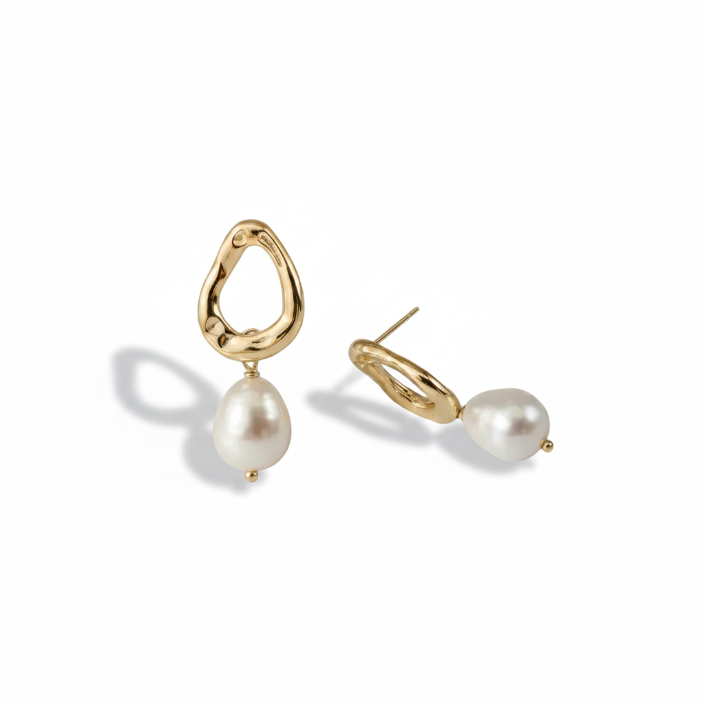 Gold Pearl Drop Earrings — Pure White Background