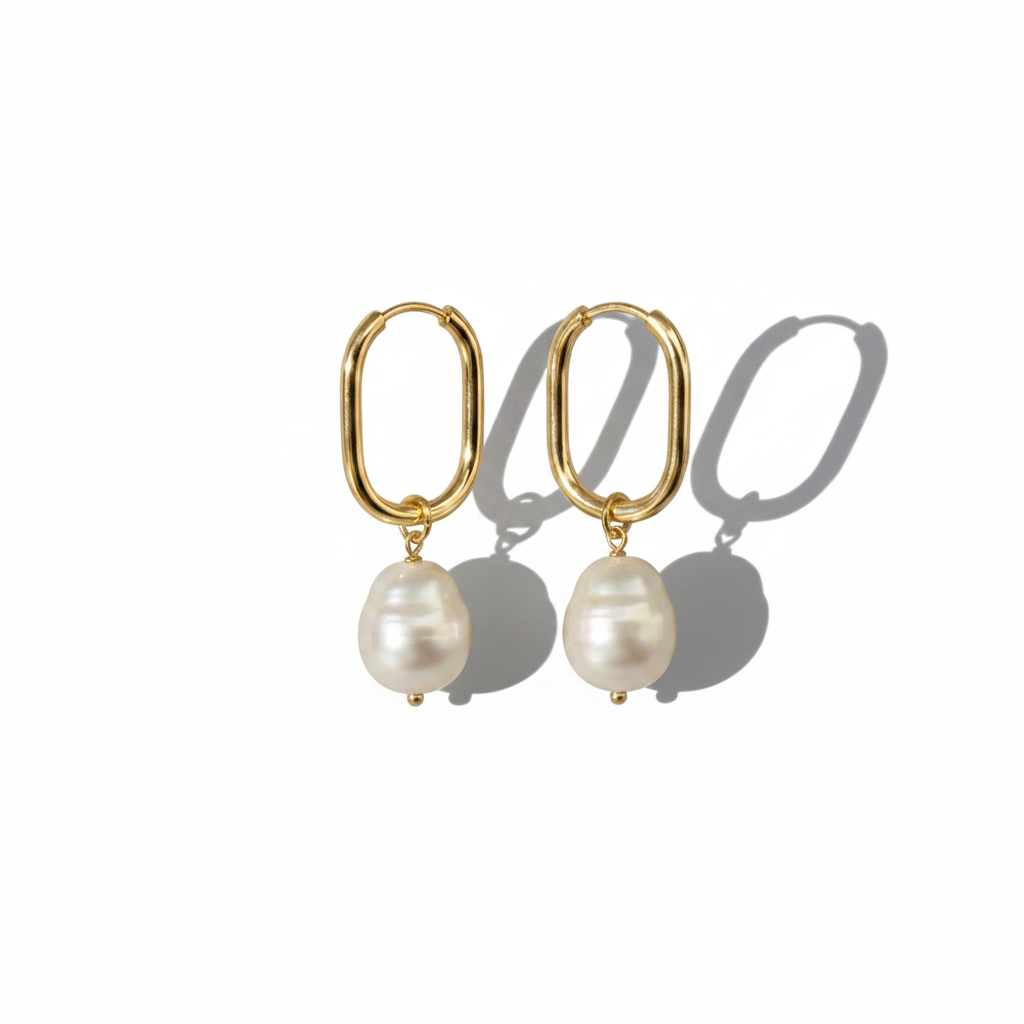 Gold Pearl Hoop Earrings – White Background with Shadow