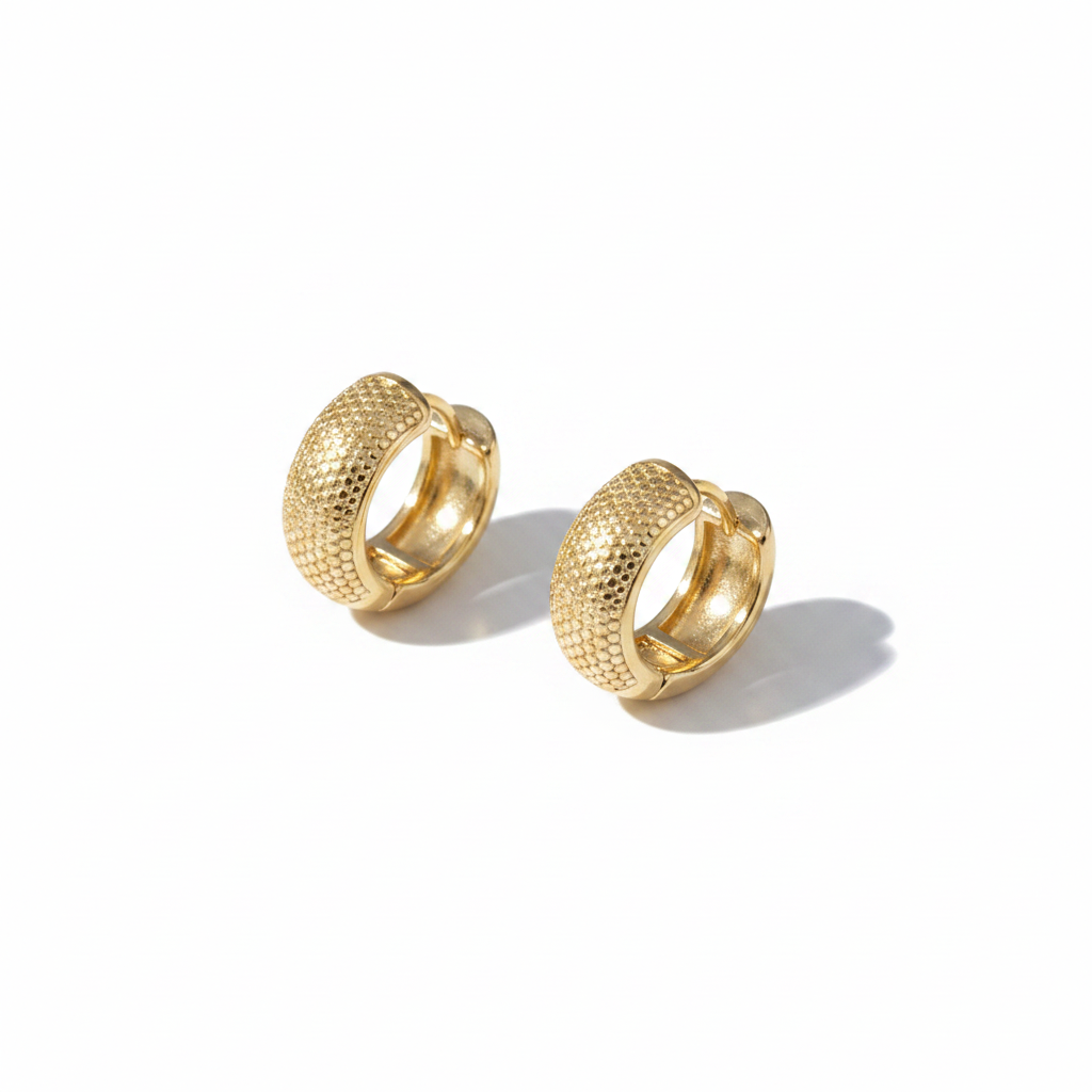 Gold Textured Huggie Hoops on White Background