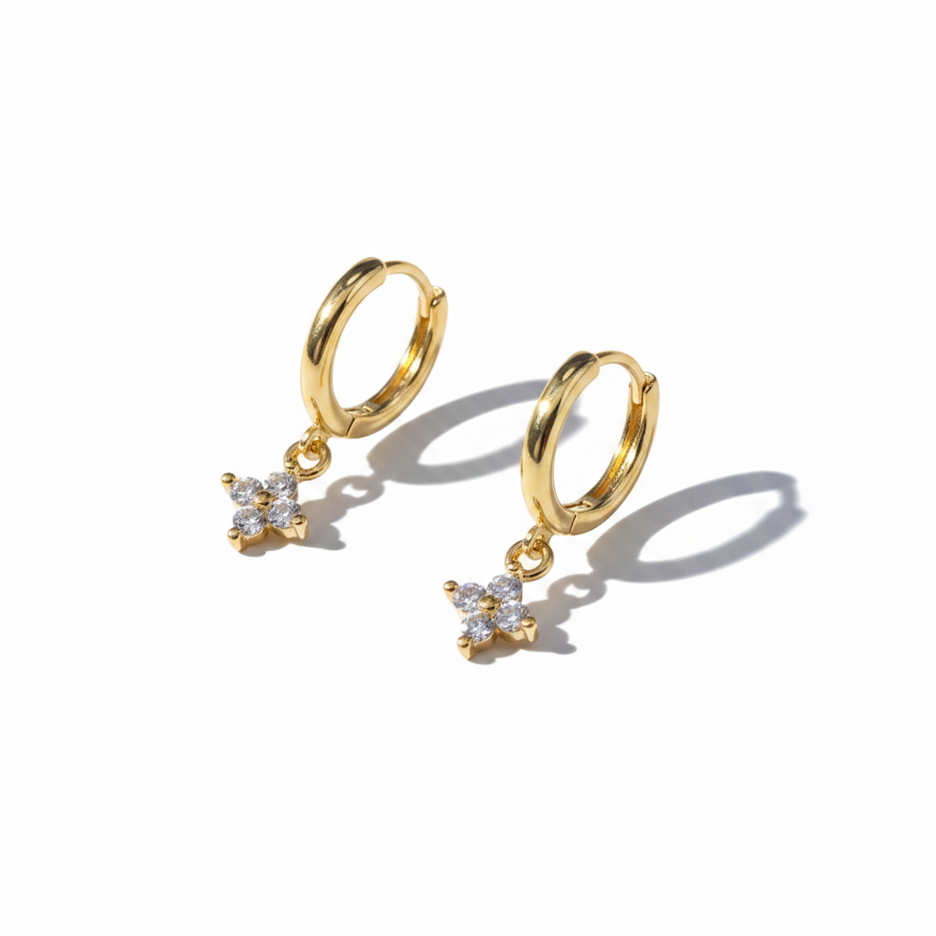 High Editorial Gold Crystal Flower Huggie Earrings