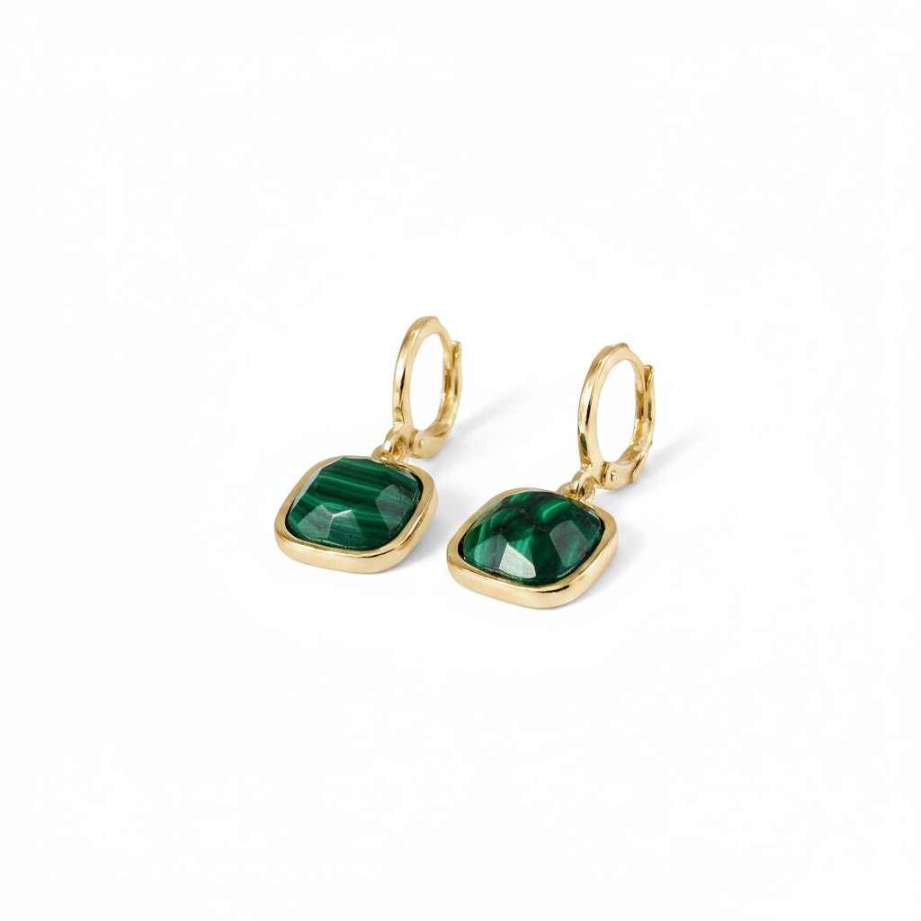 Malachite Gold Earrings on White Background