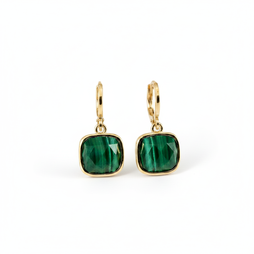 Malachite Gold Earrings on White Background