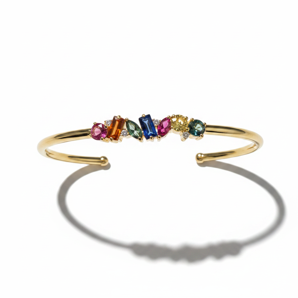 Multicolour Gemstone Gold Cuff Bangle on White Background