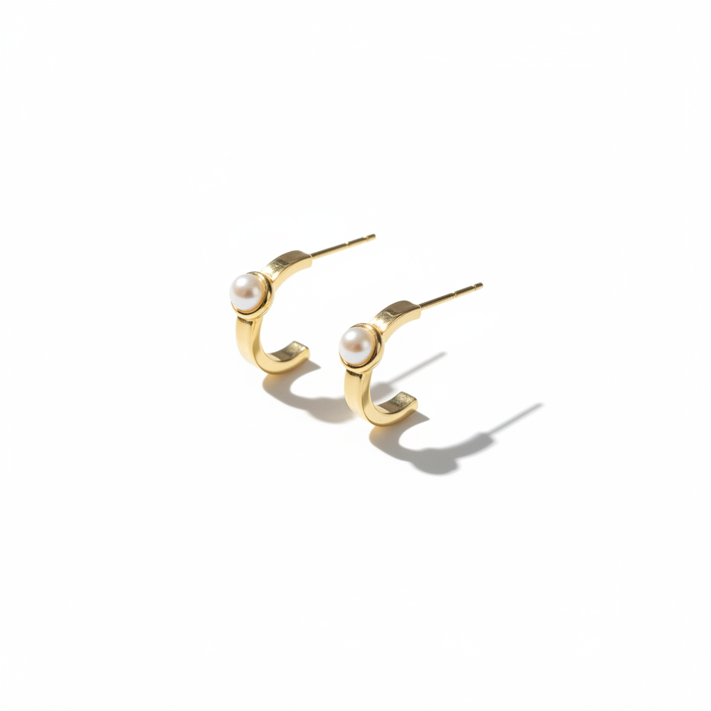 Pearl Hoop Earrings Flat Lay White Background