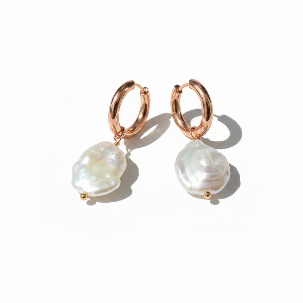 Rose Gold Baroque Pearl Hoop Earrings