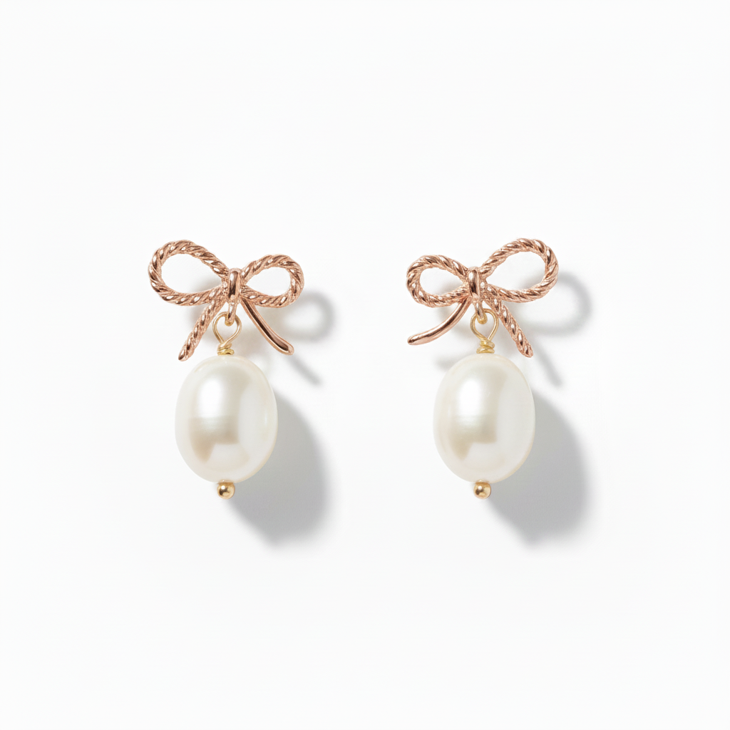 Rose Gold Bow Pearl Drop Earrings