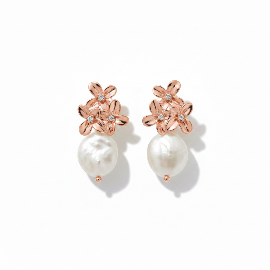 Rose Gold Flower & Pearl Drop Earrings