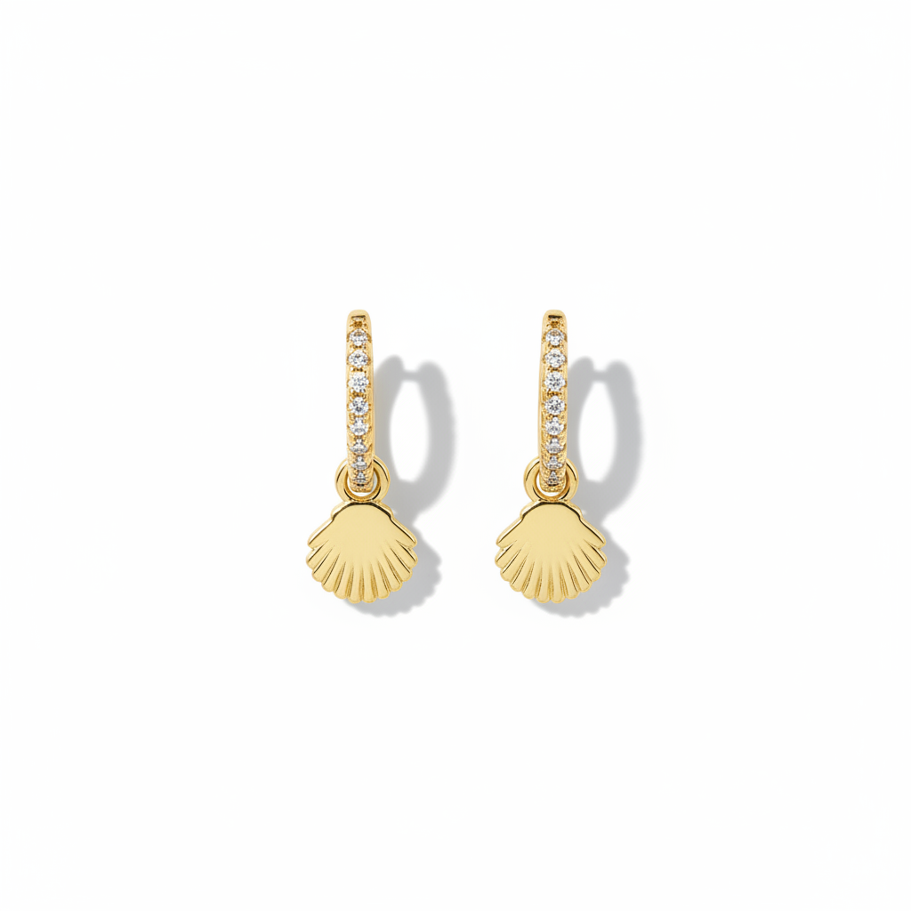 Shell Charm Hoop Earrings on White Background