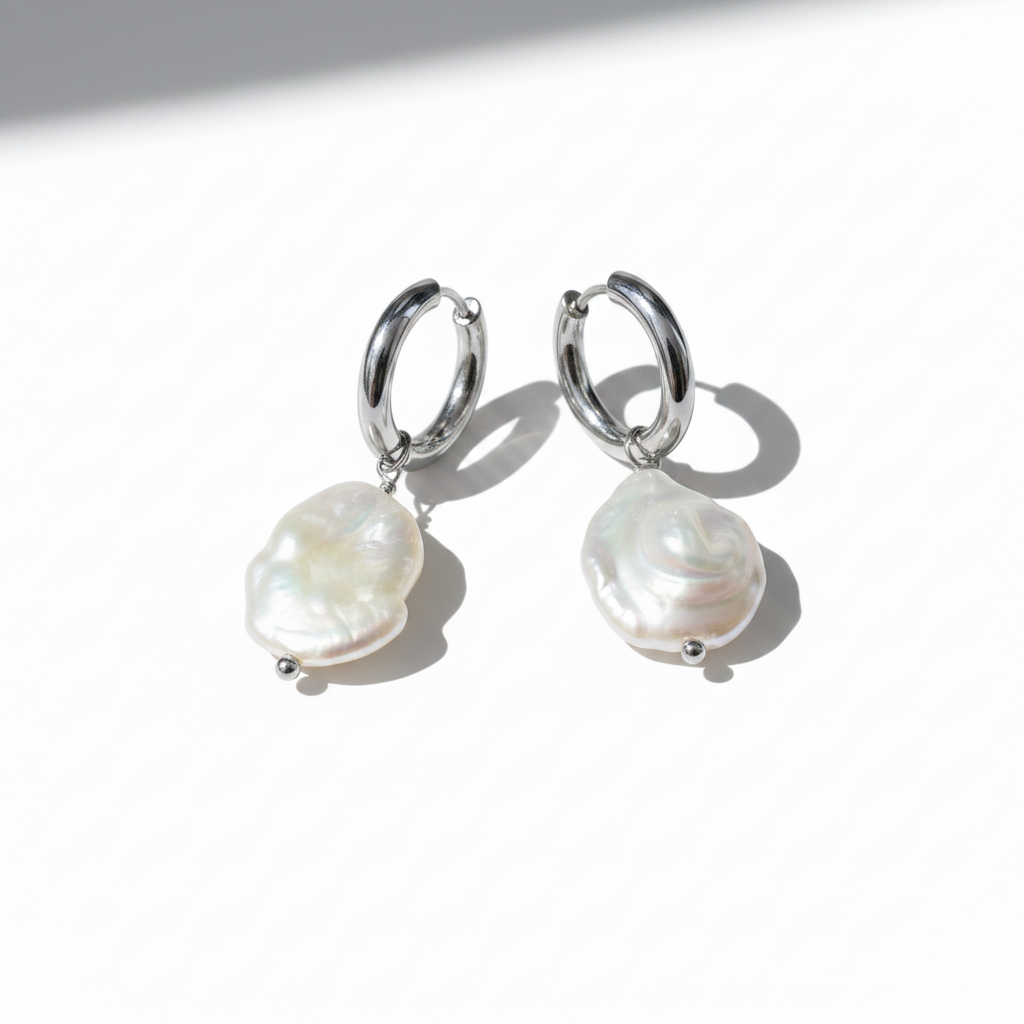 Silver Baroque Pearl Hoop Earrings