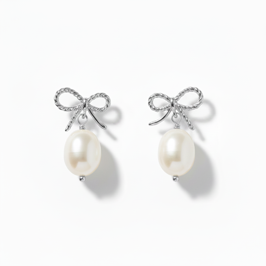 Silver Bow Pearl Drop Earrings