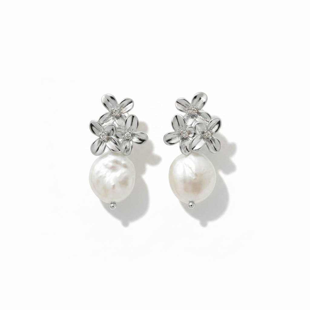Silver Flower & Pearl Drop Earrings