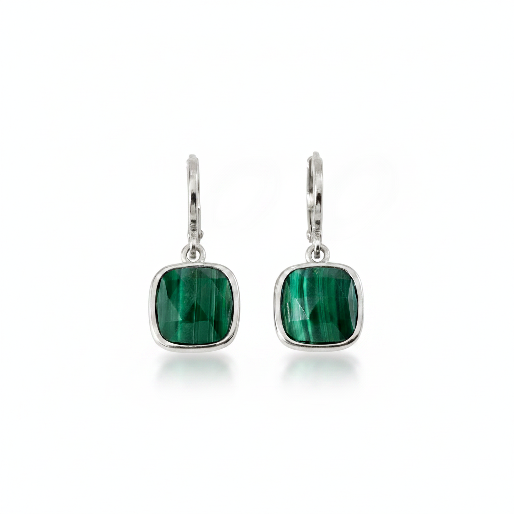 Silver Malachite Drop Earrings on White Background