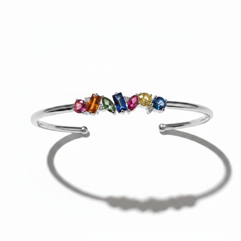 Silver Multicolour Gemstone Cuff Bangle