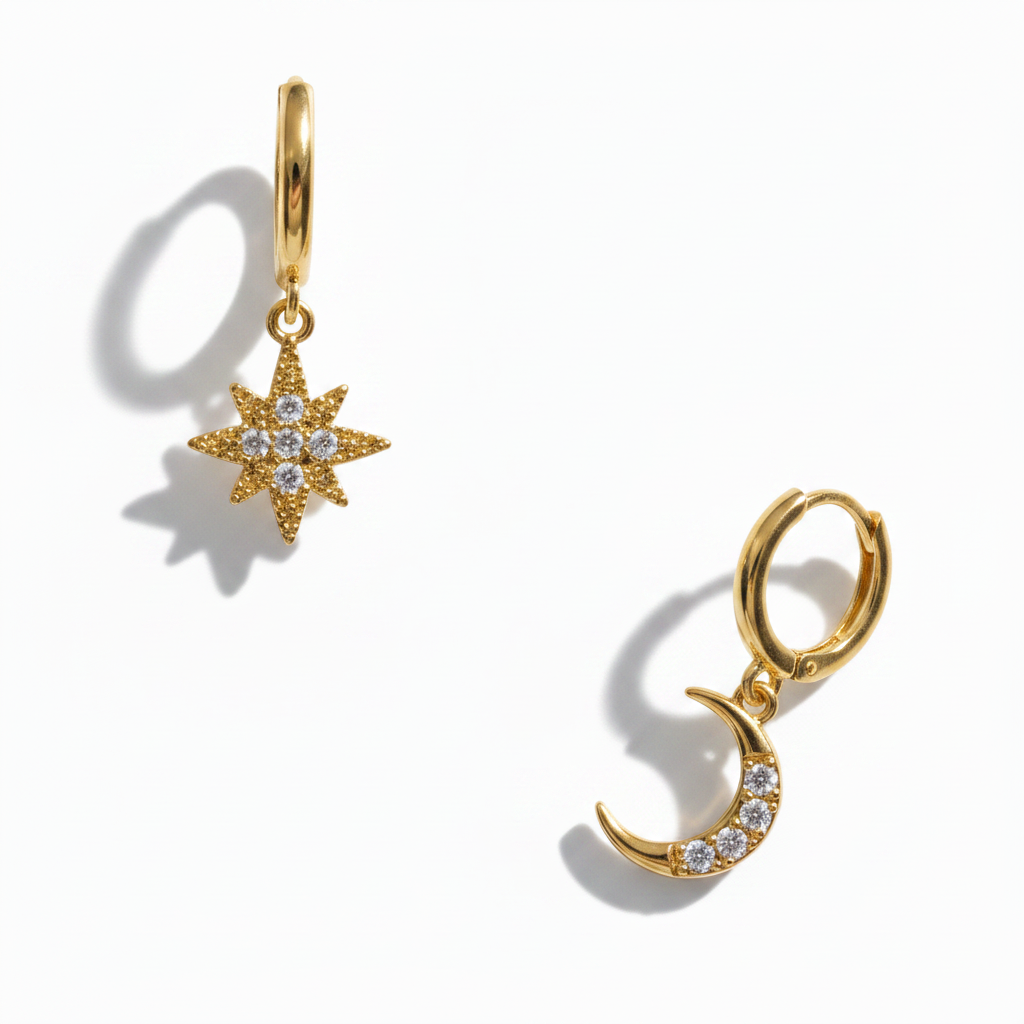 Star & Moon Huggie Earrings – Diagonal Layout
